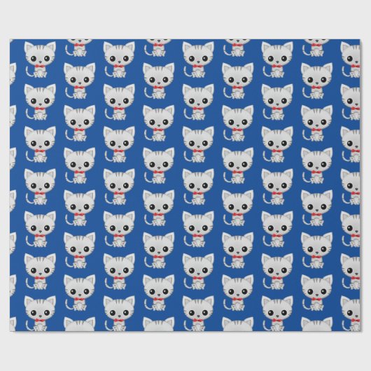 Papier Cadeau Kitty gris sur bleu (Plat)