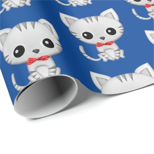 Papier Cadeau Kitty gris sur bleu (Coin rond)
