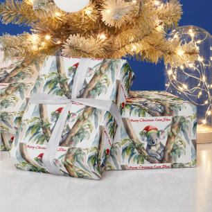 Papier Cadeau Koala de Noël dans un eucalyptus avec nom personna