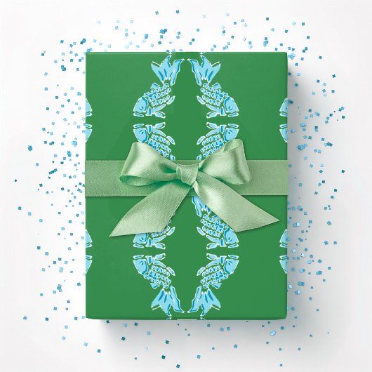 Papier Cadeau Koi Fish Chinoiserie Ogee in Green and Aqua