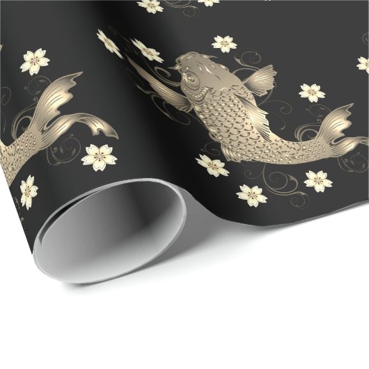 Papier Cadeau Koi poisson oriental noir et or floral élégant (Coin rond)