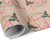 Papier Cadeau Kraft Holly Wreath Joyeux Noël (Coin rond)