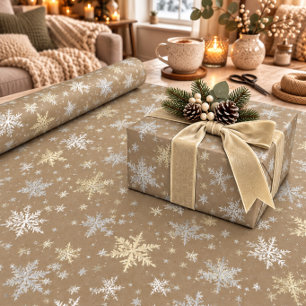 Papier Cadeau Kraft rustique blanc argent or flocons de neige