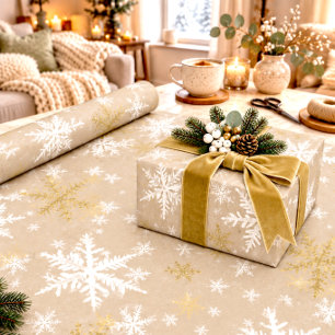 Papier Cadeau Kraft Rustique Flocons de Neige Blancs & Dorés pou