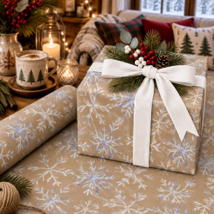 Papier Cadeau Kraft Rustique Flocons de Neige Bleu Clair Blanc D