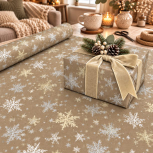 Papier Cadeau Kraft Rustique Flocons de Neige Or & Blanc