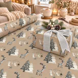 Papier Cadeau Kraft rustique scandinave cerf forêt boisée
