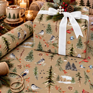 Papier Cadeau Kraft rustique tout oiseaux de l'hiver en forêt