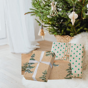 Papier Cadeau Kraft Watercolor Pine verte d'hiver Noël
