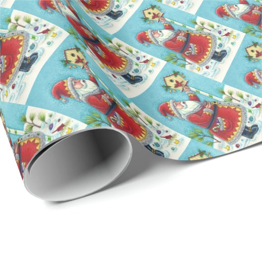 PAPIER CADEAU KRIS KRINGLE ALIMENTER LES OISEAUX REDBIRÉS, NOËL (Coin rond)