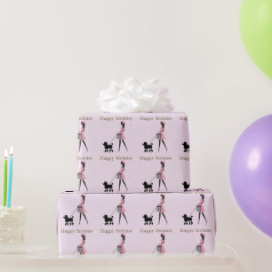 Papier Cadeau La dame marche poodle noir Joyeux anniversaire