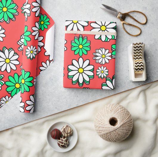 Papier Cadeau La Fête : Festive Rouge & Vert Daisy Cheer (Artisanat)