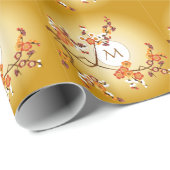 Papier Cadeau La prune japonaise fleurit branche de rouge orange (Coin rond)