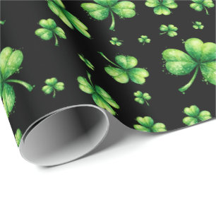 Papier Cadeau La Saint-Patrick Shamrock aquarelle sur fond noir
