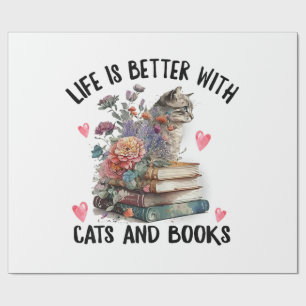 Papier Cadeau La vie est meilleure avec les chats et les livres