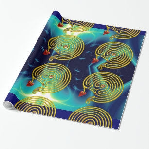 PAPIER CADEAU LABYRINTH D'OR HYPER, VAGUES LUMINEUSES D'AQUA BLE