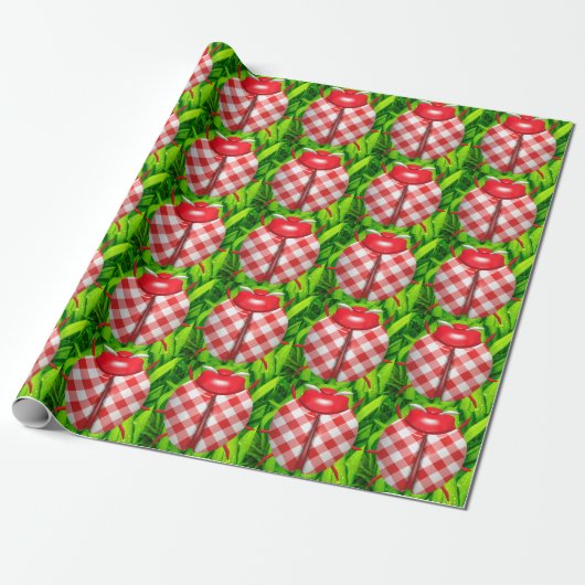 Papier Cadeau Ladybug dans l'herbe en vichy vérifier mignon roug (Déroulé)