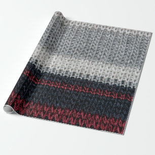 Papier Cadeau Laine de tricot noire et grise avec soie rouge et