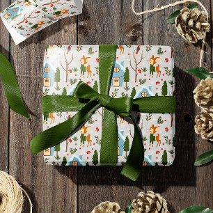 Papier Cadeau Laisser la neige mignonne Rennes Nom Vert Noël