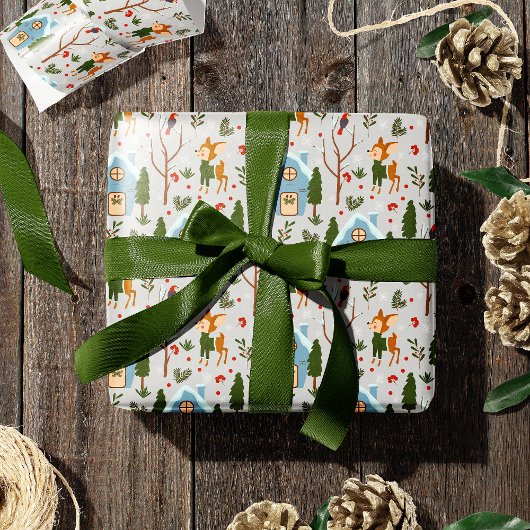 Papier Cadeau Laisser la neige mignonne Rennes Nom Vert Noël