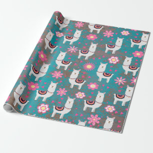 Papier Cadeau Lama (alpaga) floral et grunge de turquoise