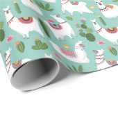 Papier Cadeau Lamas mignons sur le motif turquoise (Coin rond)