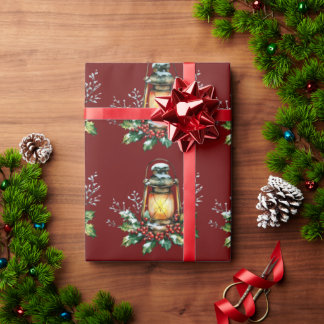 Papier Cadeau Lanterne festive nichée dans le houx – Lueur saiso