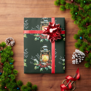 Papier Cadeau Lanterne festive nichée dans le houx – Lueur saiso