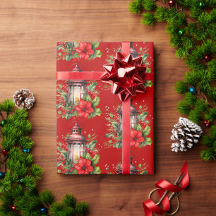 Papier Cadeau Lanterne rouge de Noël Poinsettia et Motif de pin