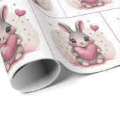 Papier Cadeau Lapin Aquarelle Au Coeur Rose (Coin rond)