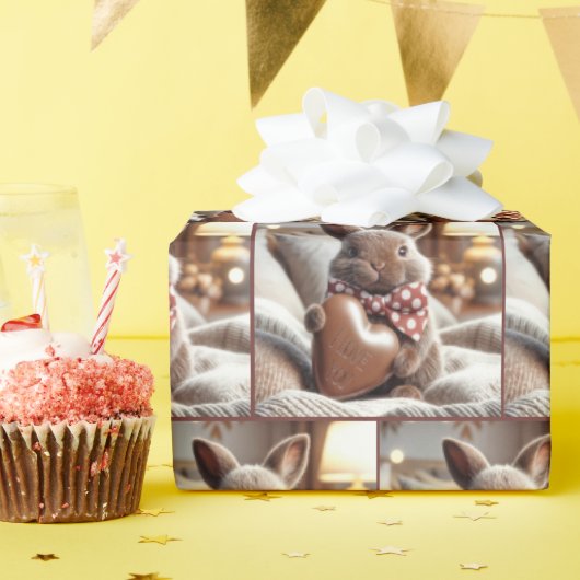 Papier Cadeau Lapin Avec Je T'Aime Coeur Chocolat (Fête d'anniversaire)