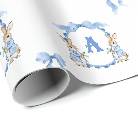 Papier Cadeau Lapin Bleu En vichy Monogramme Crest (Coin rond)