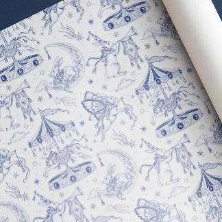 Papier Cadeau Lapin céleste fantaisiste Toile de Jouy bleue