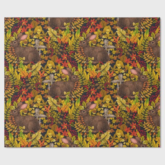 Papier Cadeau Lapin d'automne en noir (Plat)