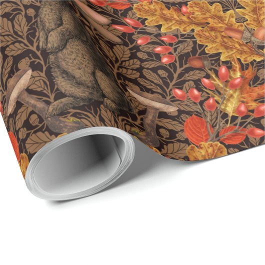 Papier Cadeau Lapin d'automne sur brun (Coin rond)