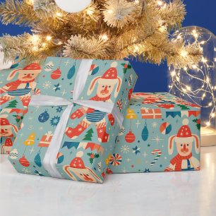 Papier Cadeau Lapin de Noël vintage, ornements et canne à sucre