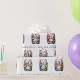 Papier Cadeau lapin de Pâques avec des fleurs Joyuses Pâques