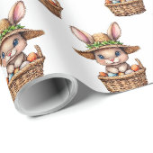Papier Cadeau Lapin de Pâques dans un panier d'oeufs peints (Coin rond)