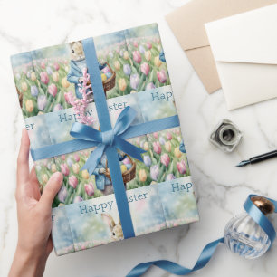 Papier Cadeau Lapin de Pâques dans une prairie de tulipes