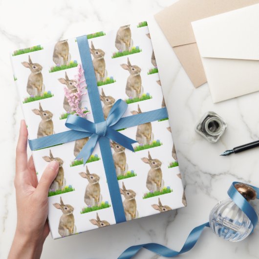 Papier Cadeau Lapin de Pâques et oeufs sur blanc (Cadeaux)