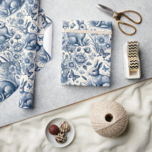 Papier Cadeau Lapin de toile bleue vintage 