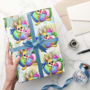 Papier Cadeau Lapin drôle mordant un œuf de Pâques