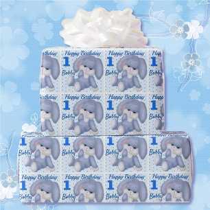 Papier Cadeau Lapin farci Doux Garçons 1er Anniversaire Nom Âge