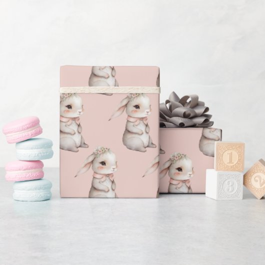 Papier Cadeau Lapin Fille Sur PInk (Baby Shower)