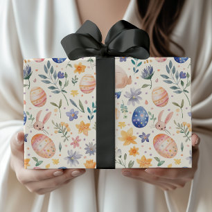 Papier Cadeau Lapin Fleurs Œufs Pastel Aquarelle Intemporel
