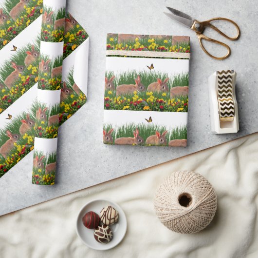 Papier Cadeau Lapin lapin dans Jardin Fleur Printemps/Pâques (Artisanat)