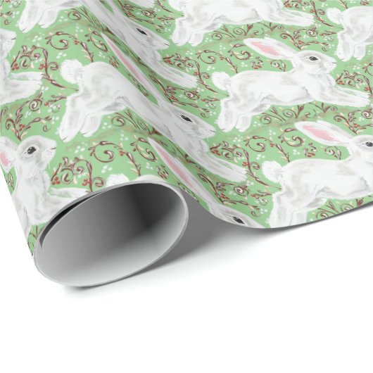 Papier Cadeau Lapin Lapin Lapin Vins verts & Scrolls mignonnes (Coin rond)