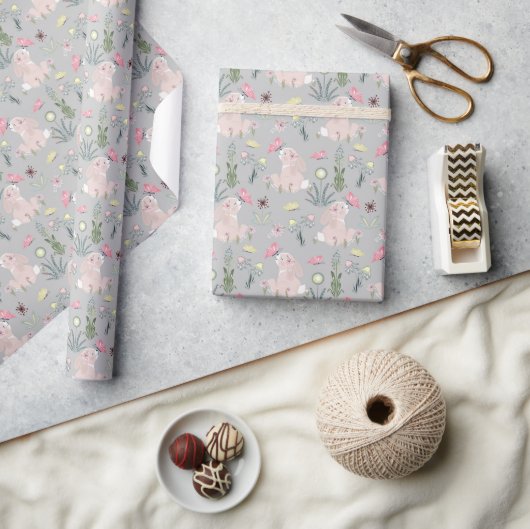 Papier Cadeau lapin mignon avec fleurs et papillons (Artisanat)