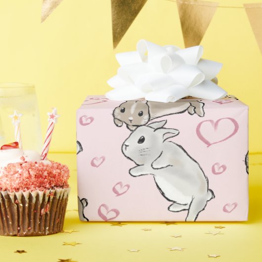 Papier Cadeau Lapins avec des cœurs (Fête d'anniversaire)