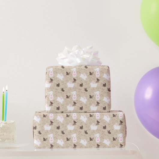 Papier Cadeau Lapins Blancs Papillons Brown Sur Tan (Cadeaux de fête)